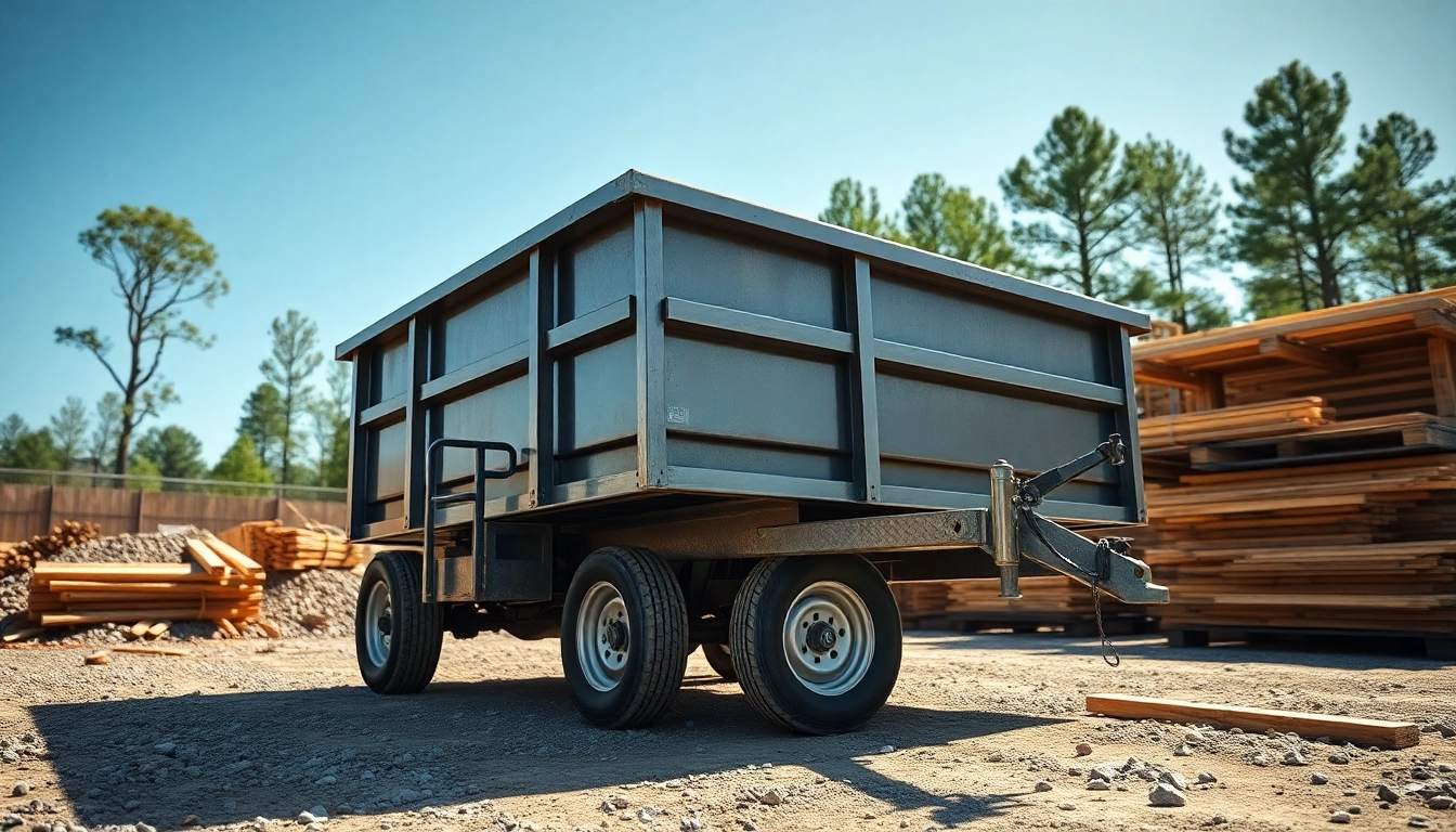 Showcasing a robust dumpster trailer for sale at a construction site with materials.
