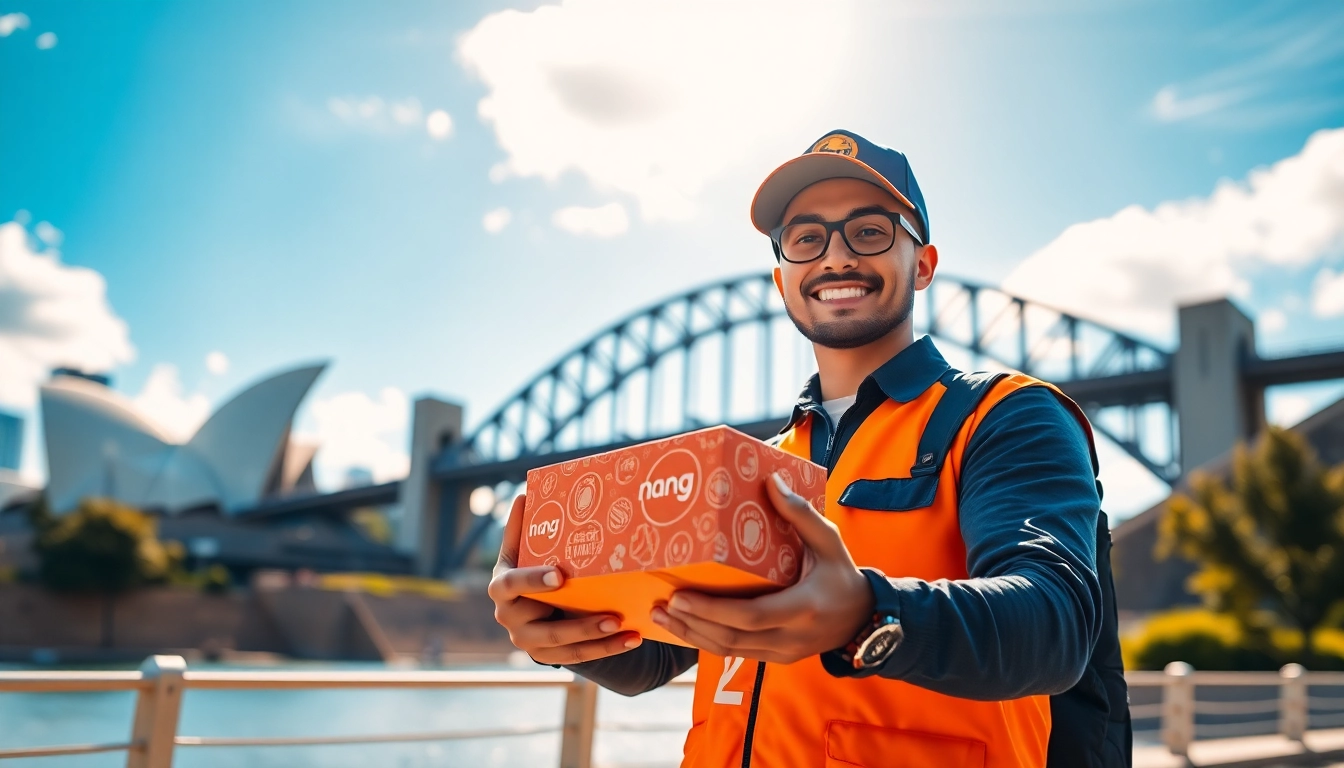 Fast and reliable nangs delivery sydney service with a smiling delivery driver and iconic Sydney skyline.