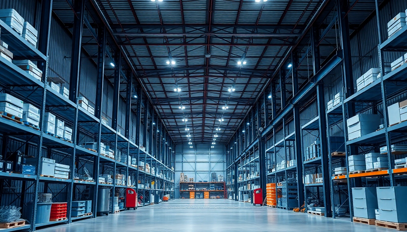 Mayorista industrial mostrando estantes destacados de productos tecnológicos y de construcción.