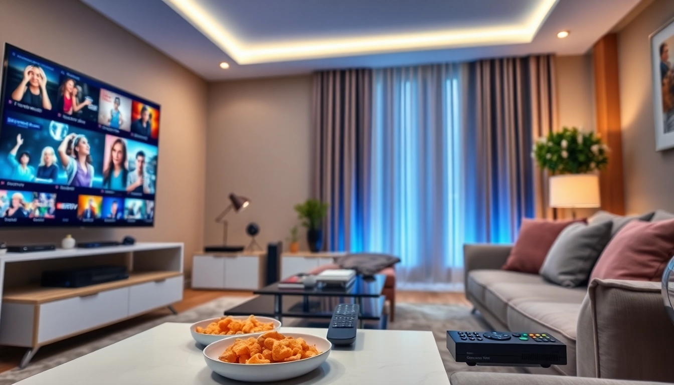 Regarder des films et des émissions avec le Code iptv dans un salon accueillant avec des écrans multiples.