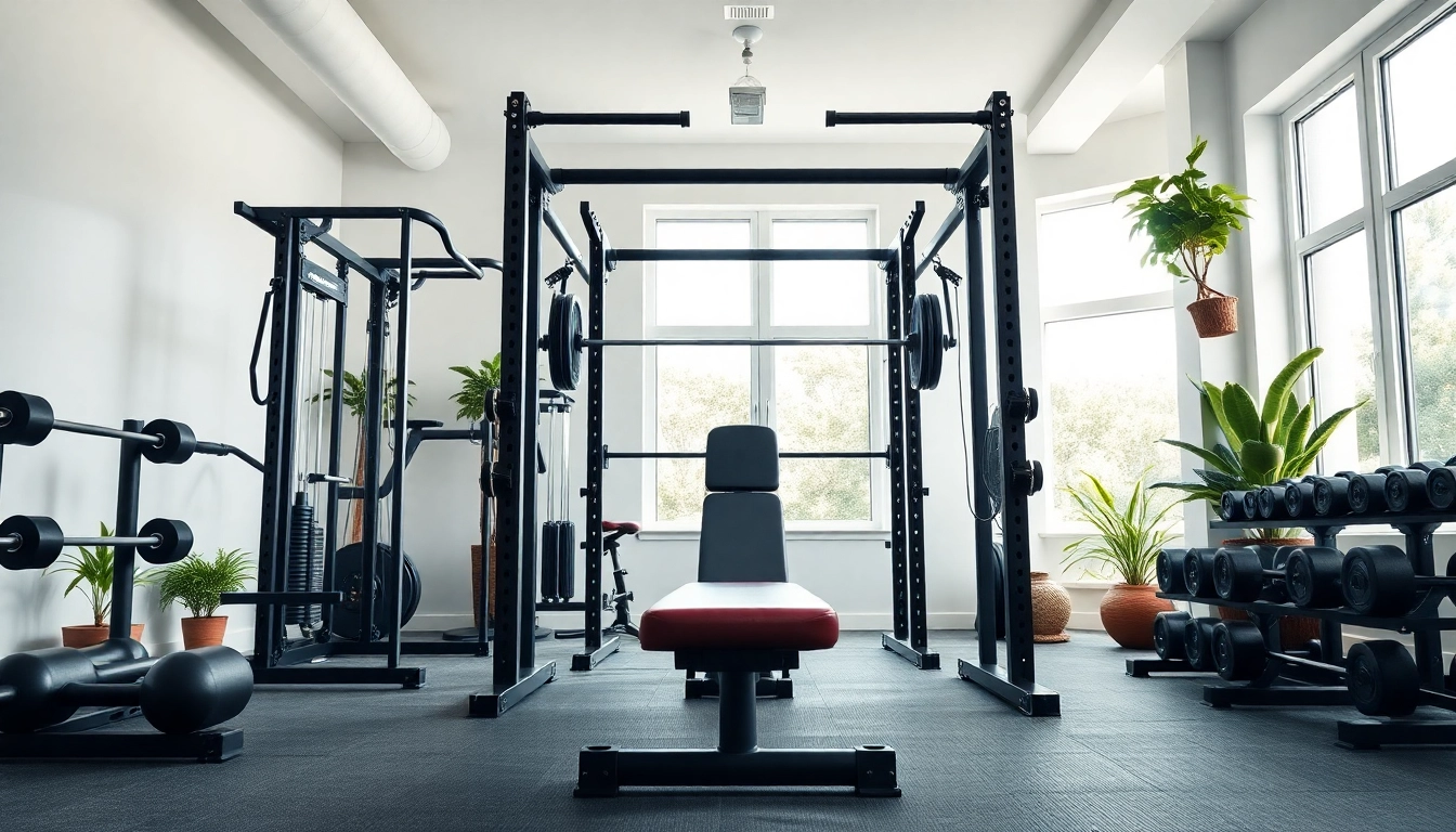 Exercising with home gym equipment in a bright, modern space, showcasing various training machines.