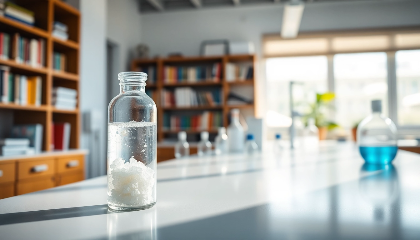Analizuj zeolit medyczny w profesjonalnym laboratorium, z szklanym pojemnikiem w tle.