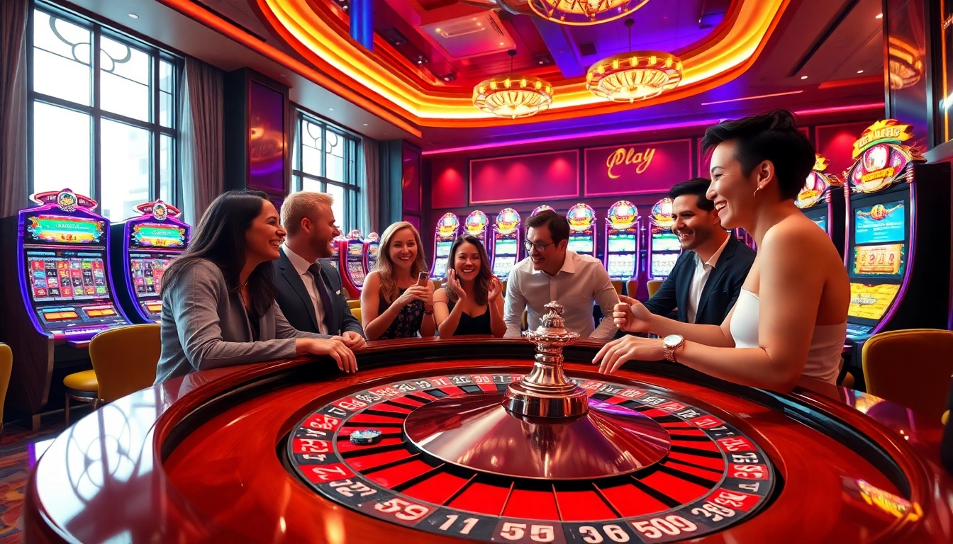 Engaging players at a vibrant play casino with colorful roulette and lively atmosphere.