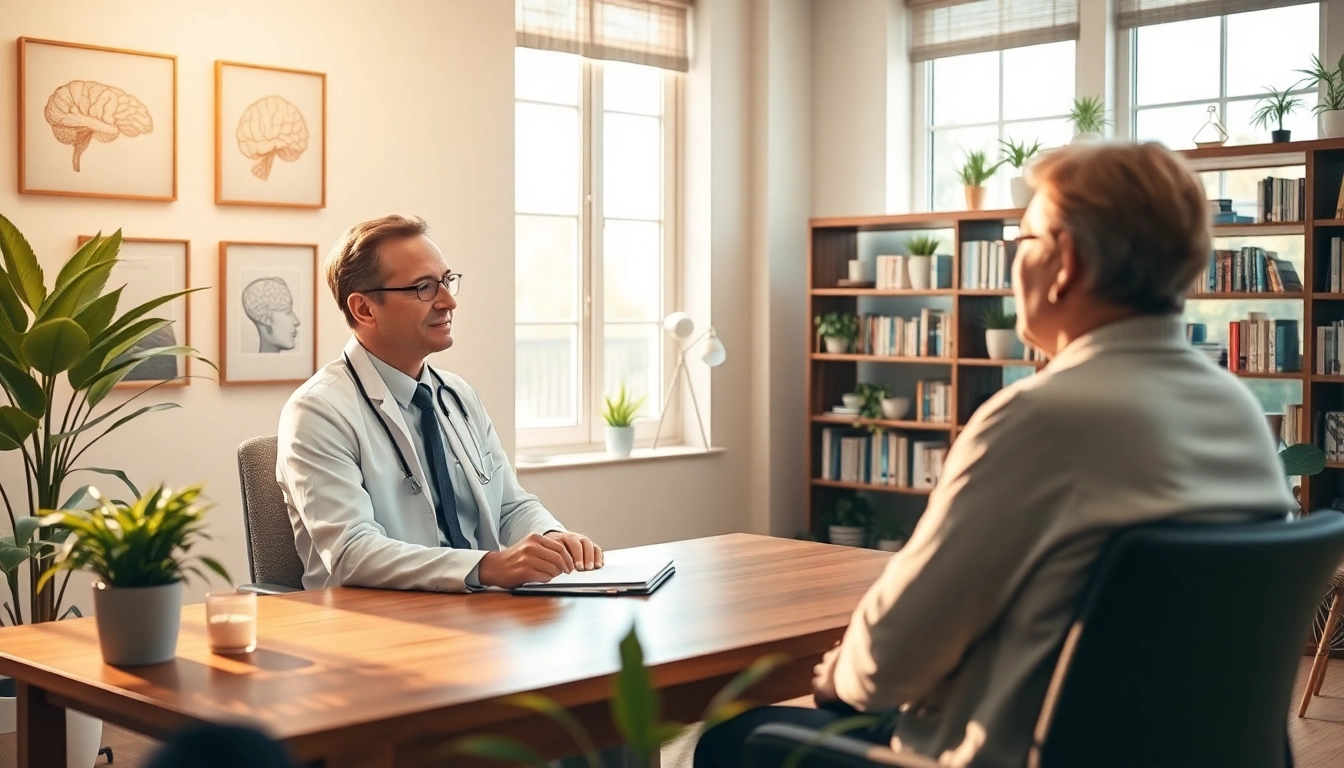 Psychiatrist consulting with a patient in a calm, reassuring office environment.