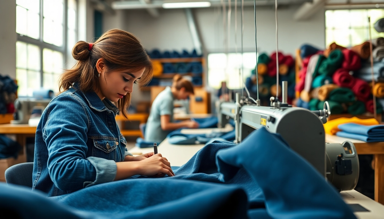 Showcasing jeans garment manufacturers crafting high-quality denim in a creative workshop setting.