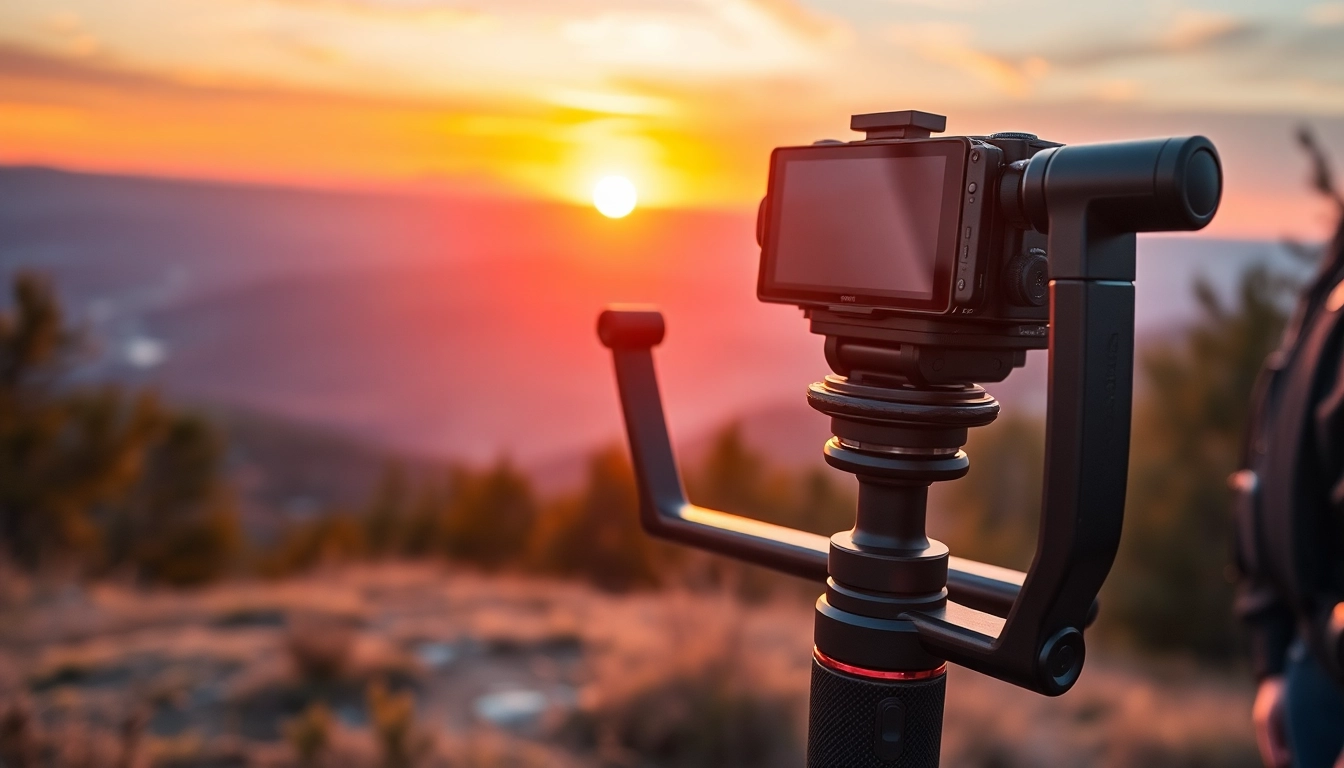 Stabilize footage effortlessly with a gimbal used by a filmmaker during golden hour.