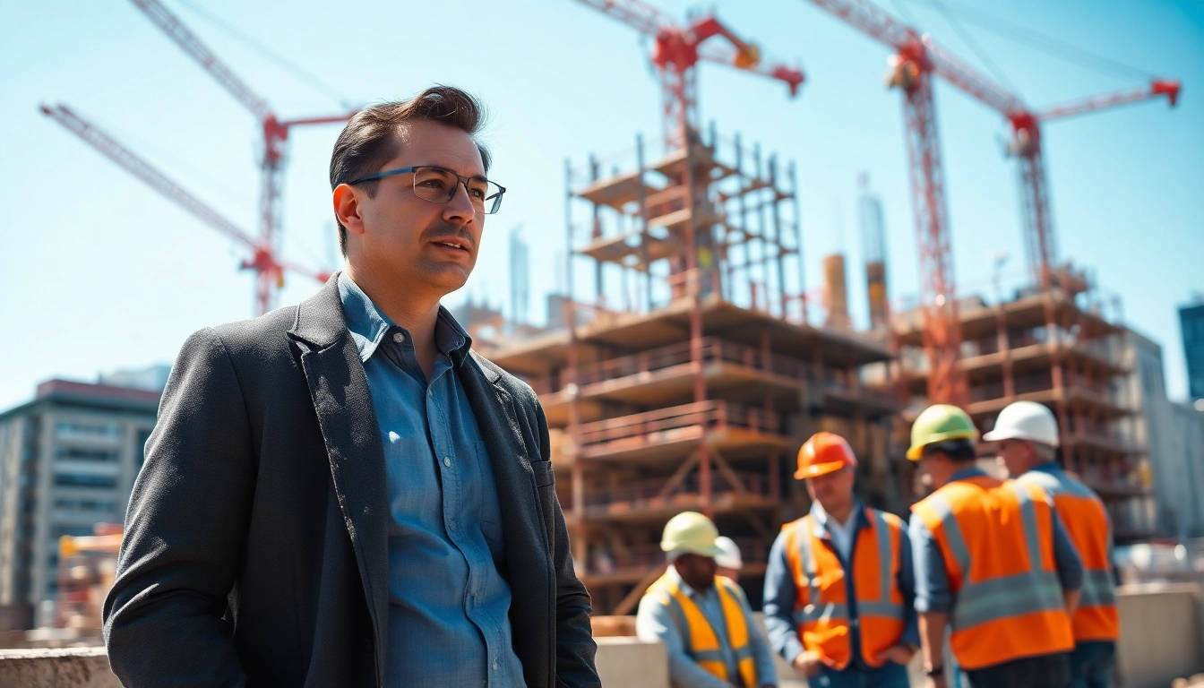 Focused New York City Construction Manager coordinating activities at a bustling construction site.