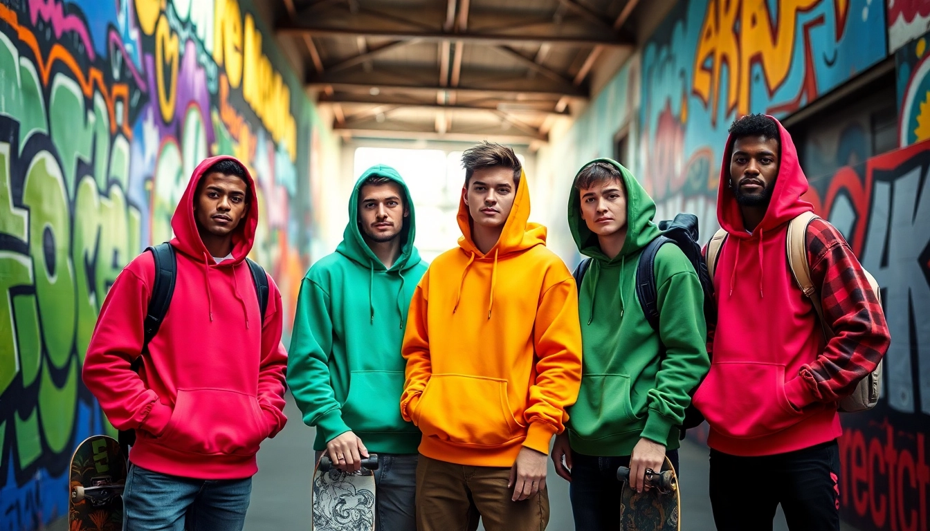 Showcase stylish blank hoodies on models in a vibrant urban backdrop.