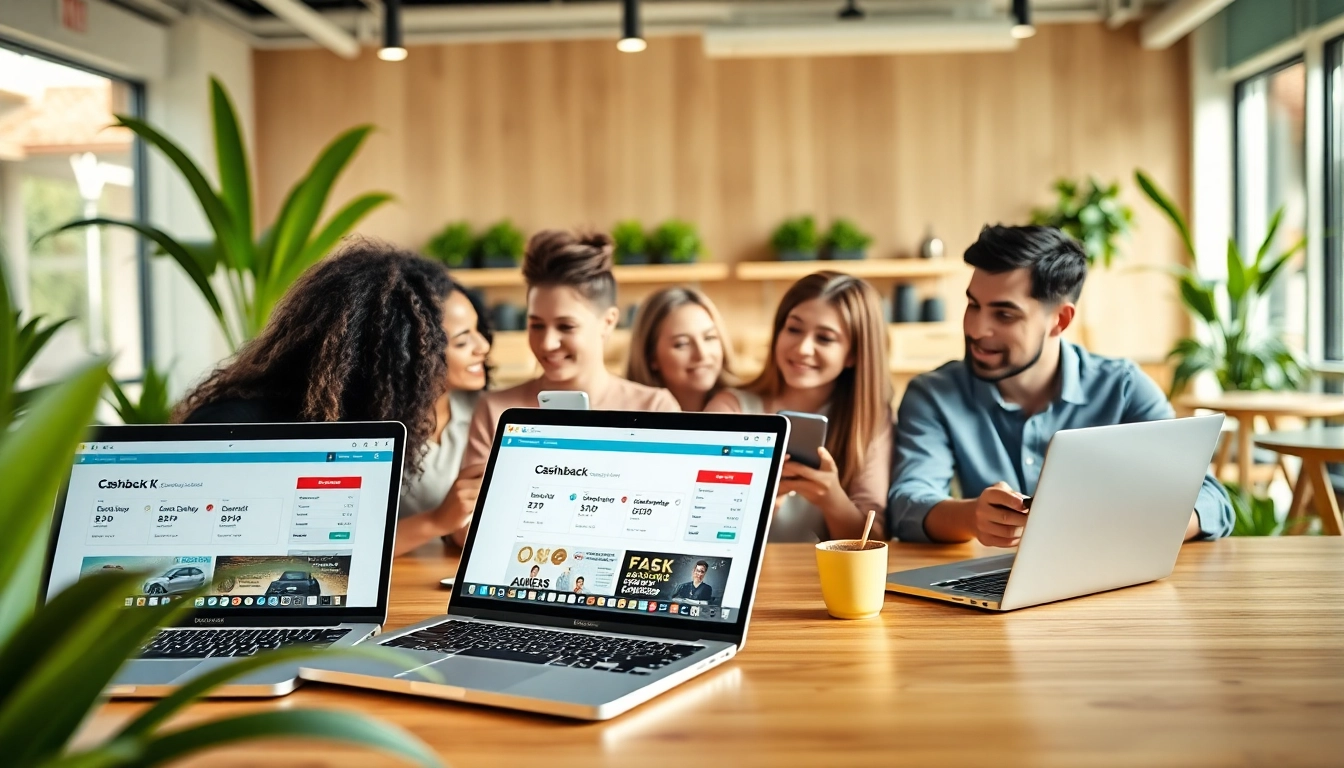 Engaged individuals conducting a cashback comparison using laptops and mobile devices in a modern cafe.