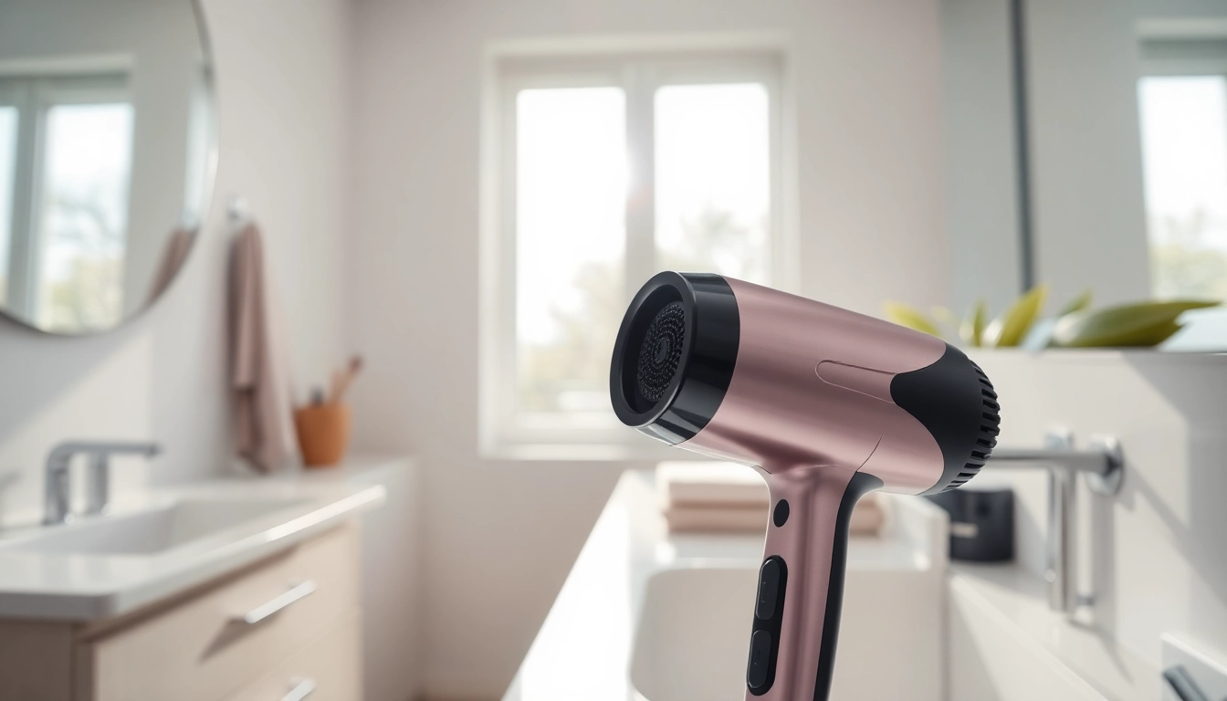 Showcasing the best hair dryer with sleek design and modern features in an elegant bathroom setting.