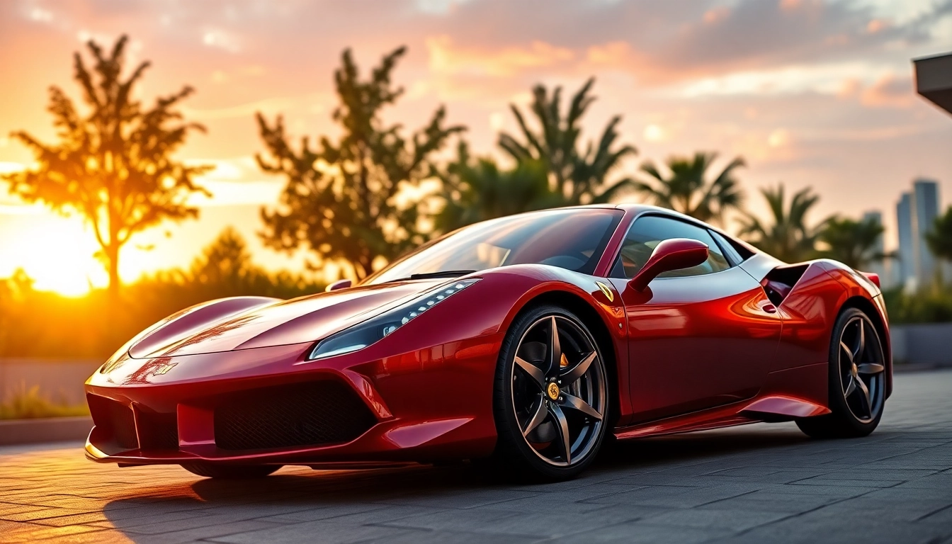 Ferrari for sale Johannesburg: Premium Ferrari displayed in a luxurious Johannesburg setting at sunset.