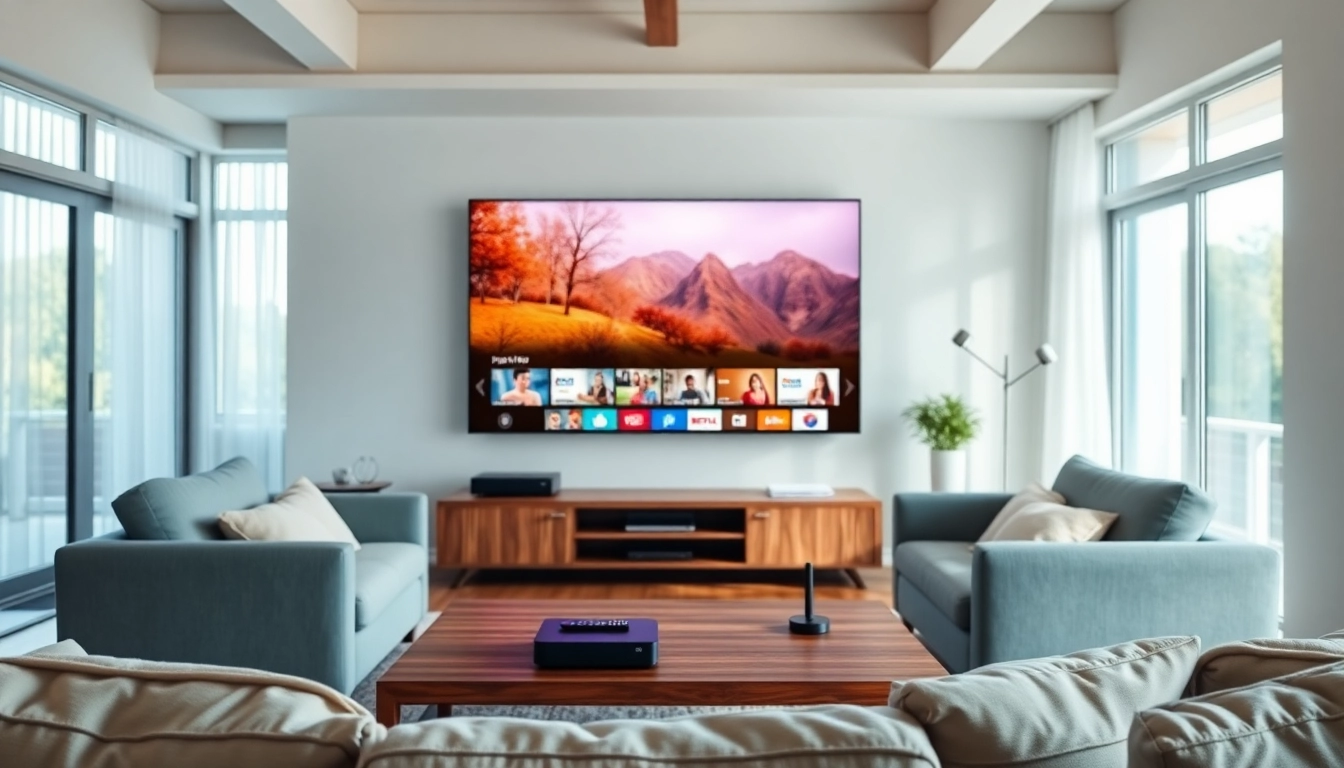 Comprar IPTV en un moderno salón con una pantalla grande mostrando contenido vibrante.