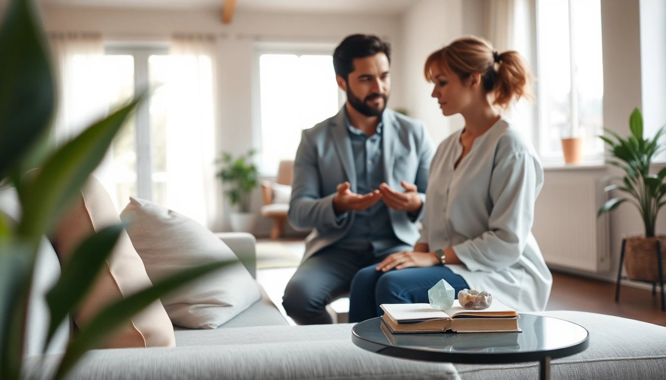 Therapist assisting individual in healing trauma amidst a serene and calming environment.