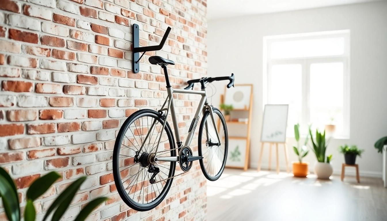 Sturdy Bicycle wall hanger elegantly showcasing a modern bike on a textured wall.