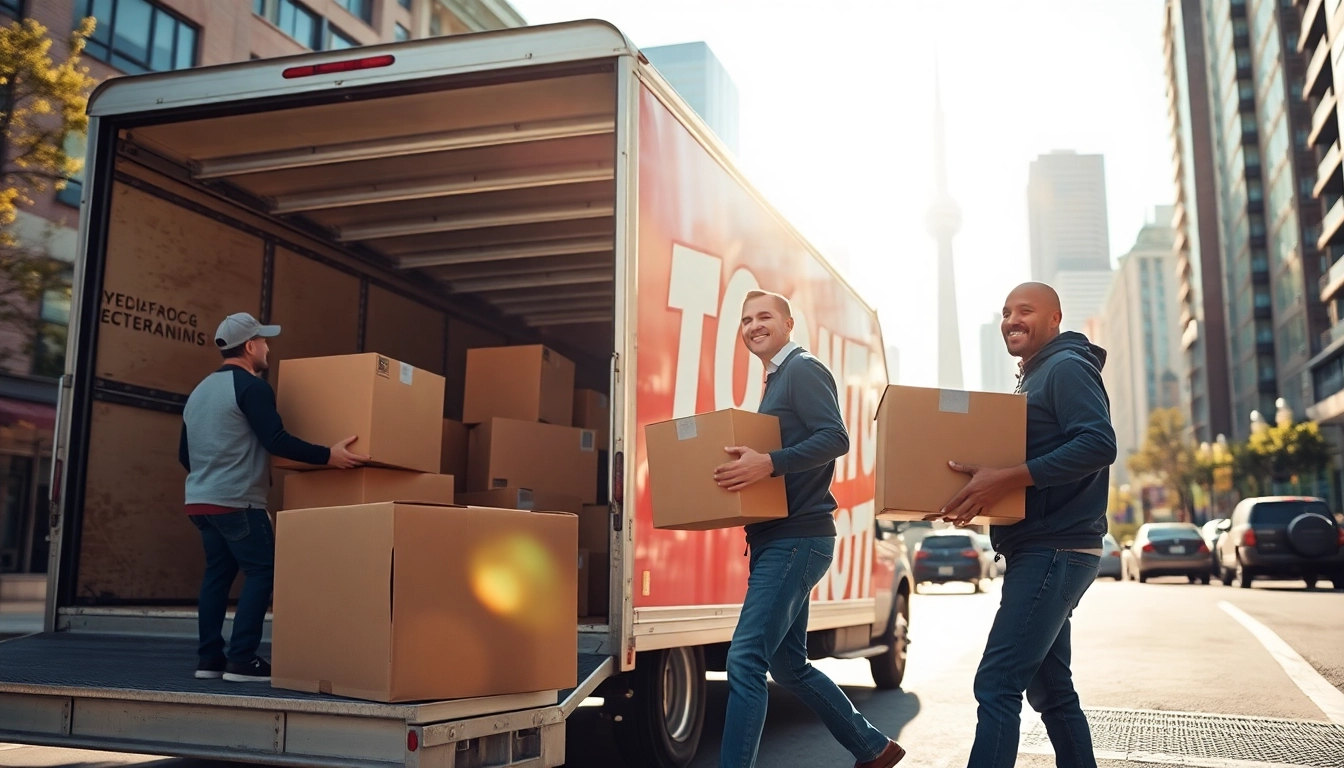 Best Toronto movers efficiently loading furniture into a moving truck in a sunny neighborhood.