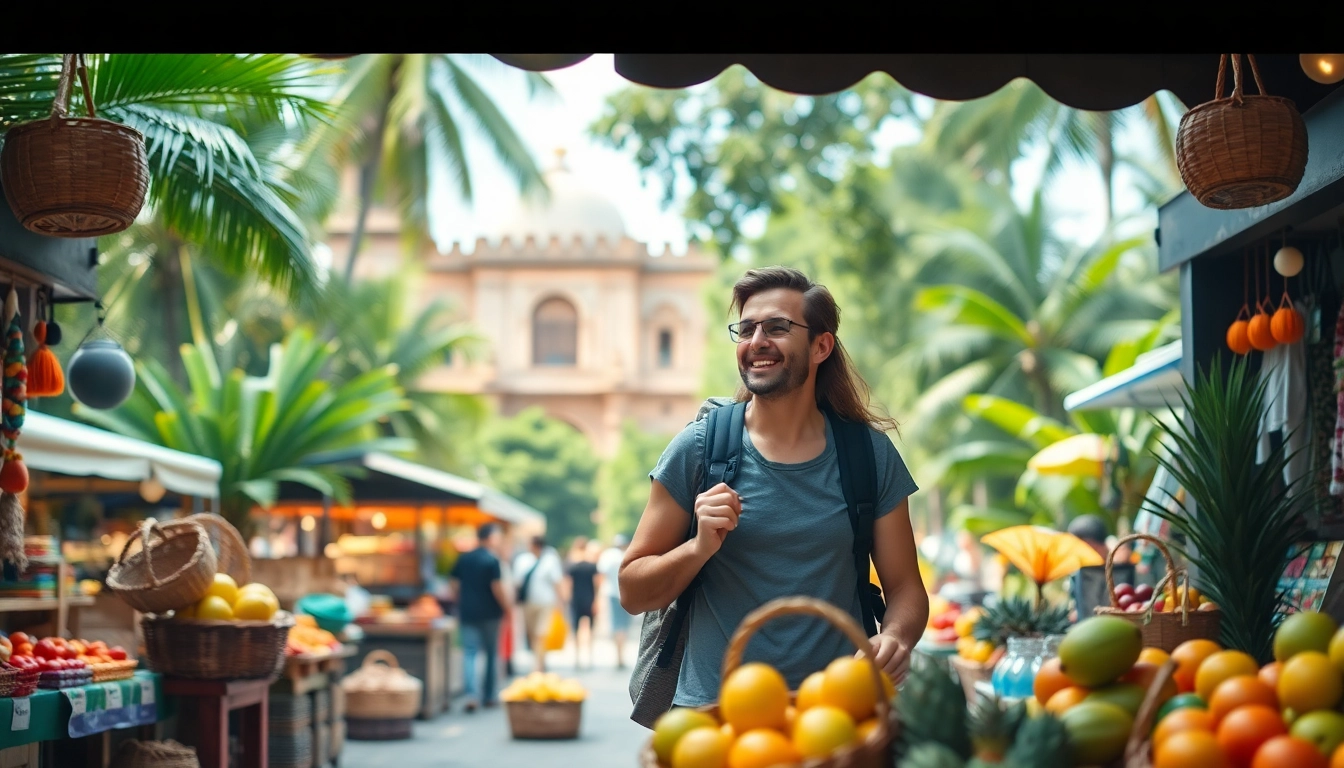 Travel enthusiast enjoying vibrant local culture at an exotic market square.