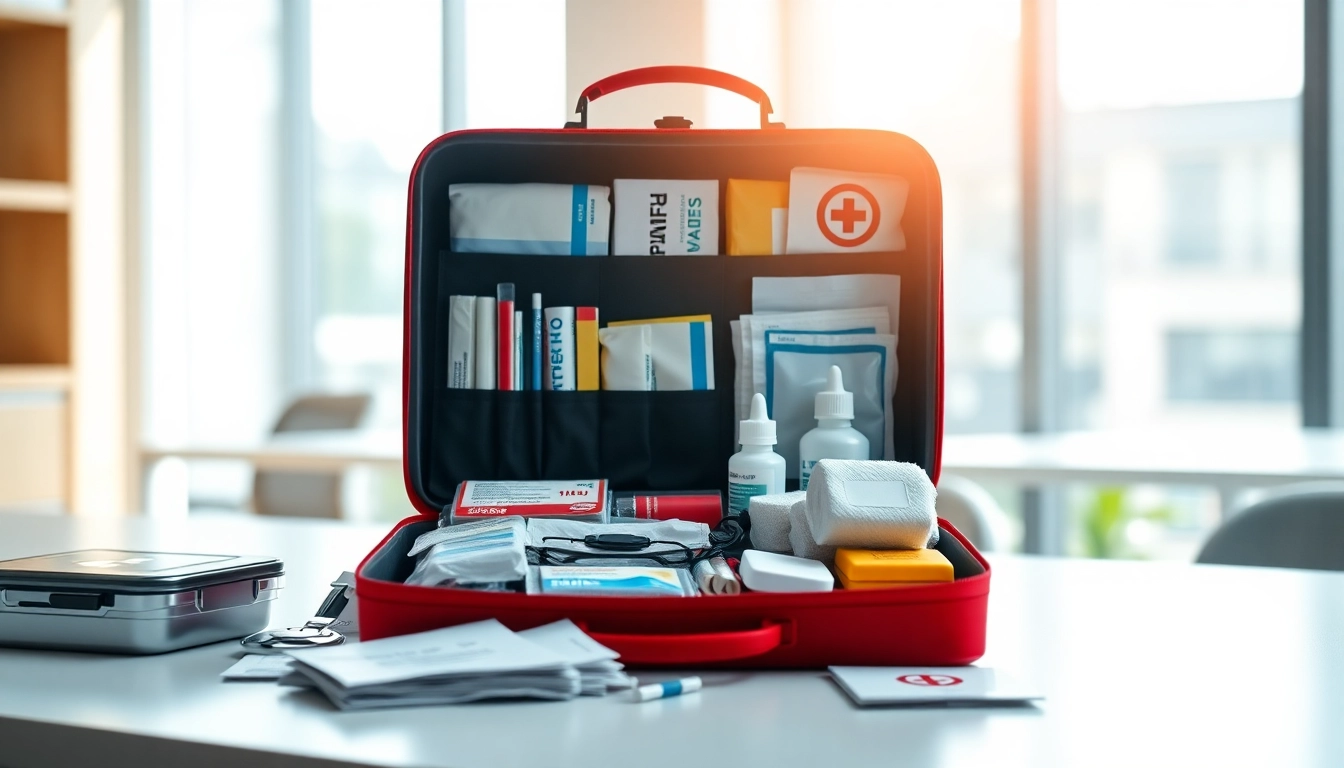 Explore workplace first aid kit in Kenya on a desk with organized medical supplies.