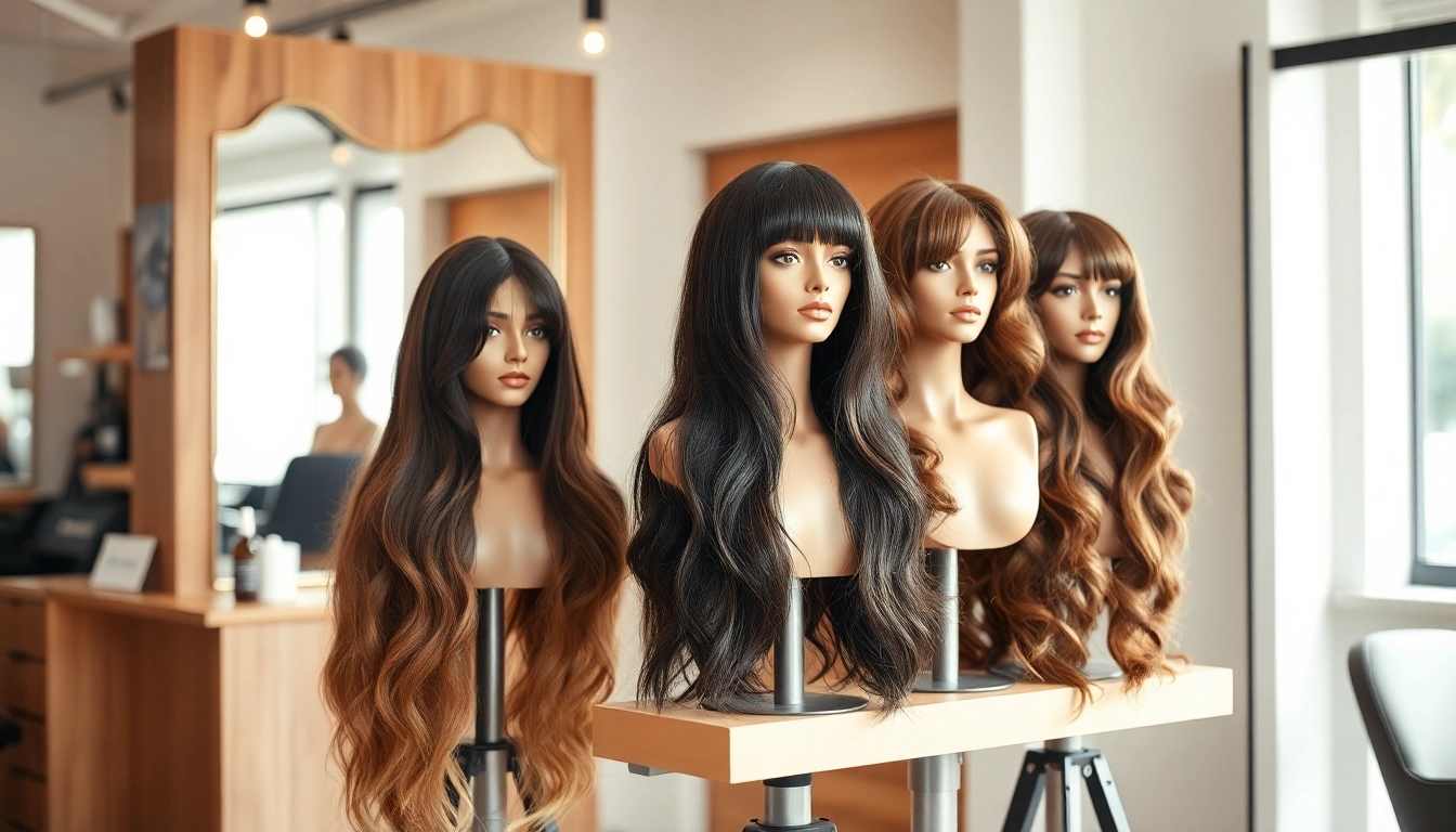 Showcasing diverse wigs in a chic salon environment with warm lighting and elegant displays.