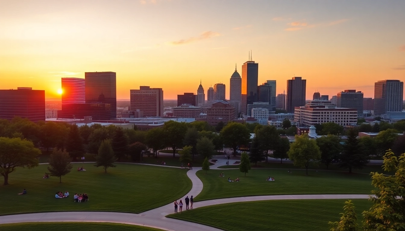Capture the vibrant skyline of Greensboro NC highlighting its lush parks and urban life.