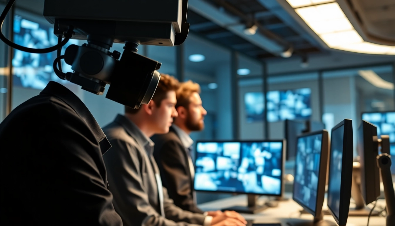 Security Services Fredericksburg team monitoring high-tech equipment in a modern office setting.