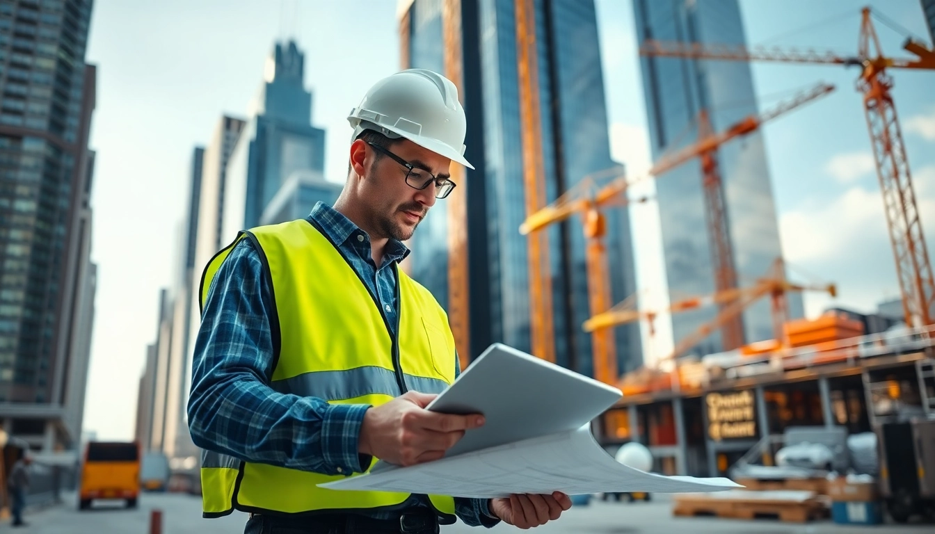 Engaging New York Construction Manager reviewing blueprints at an active construction site.