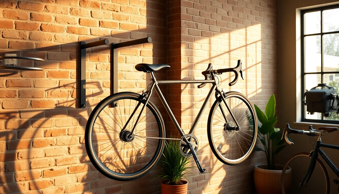 Showcasing a stylish, functional Bike wall rack with a bicycle elegantly mounted on a textured brick wall.