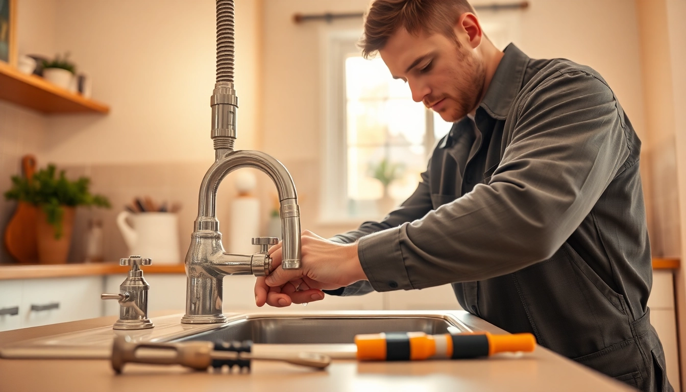 Plumber near me fixing a sink in a cozy kitchen, highlighting reliable plumbing services.
