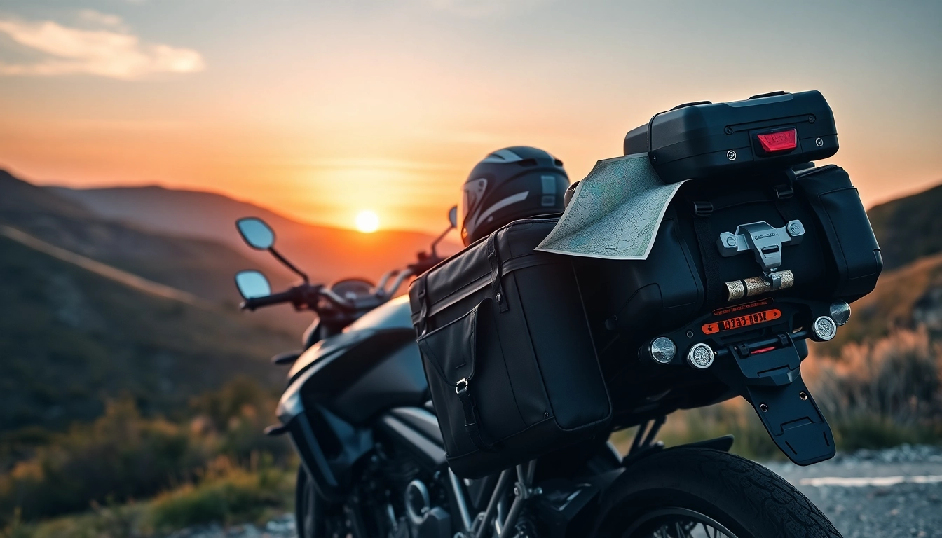Showcasing a motorcycle luggage system on a touring bike, emphasizing travel and adventure.