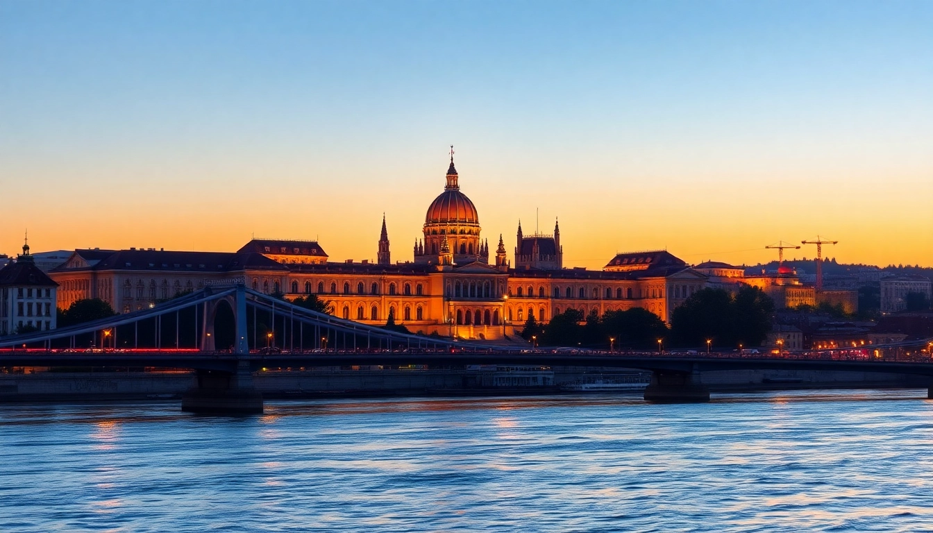 Capture the Budapest skyline during sunset, highlighting the Chain Bridge and Parliament Building.