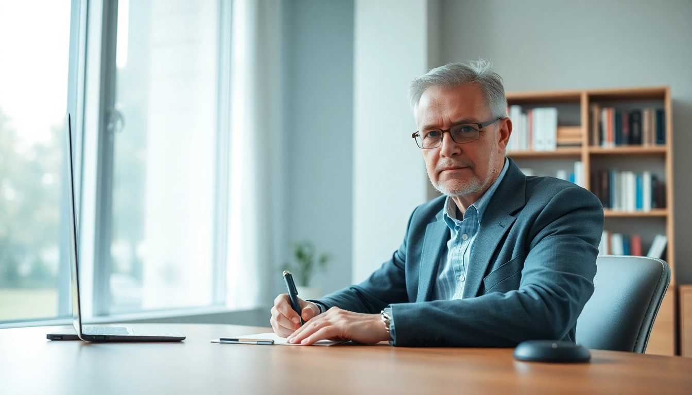 Psychiatrist thoughtfully working in an inviting office, surrounded by books.