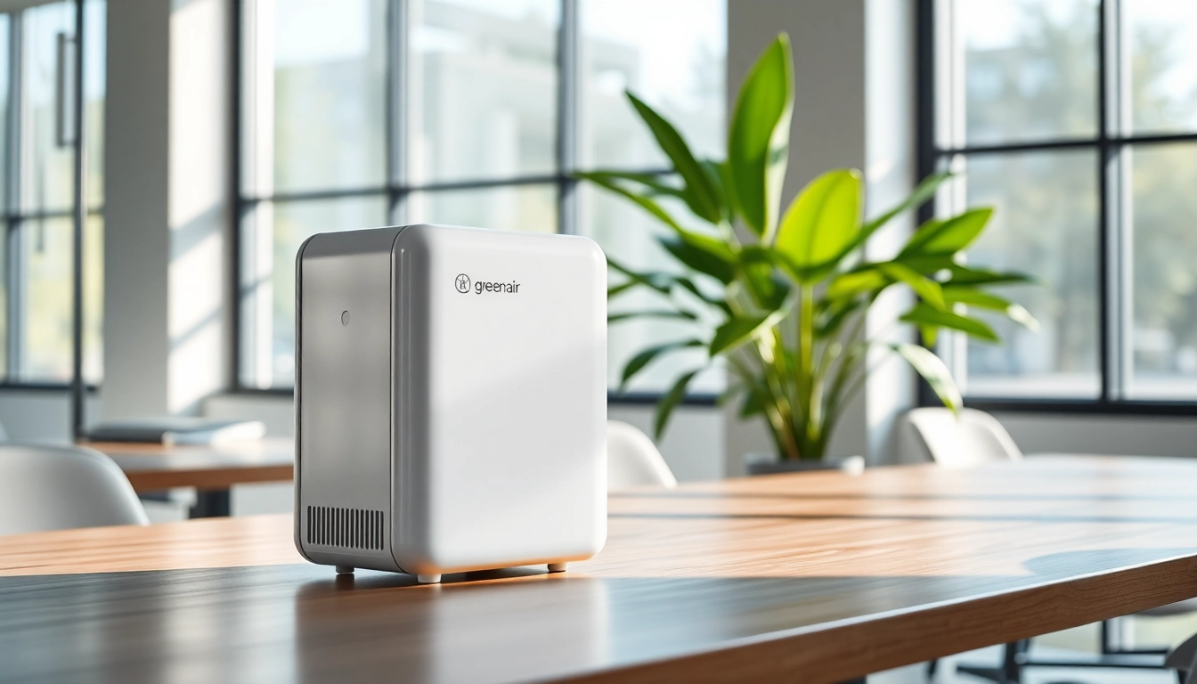 Greenair air purifier enhancing office environment with modern design and natural light.