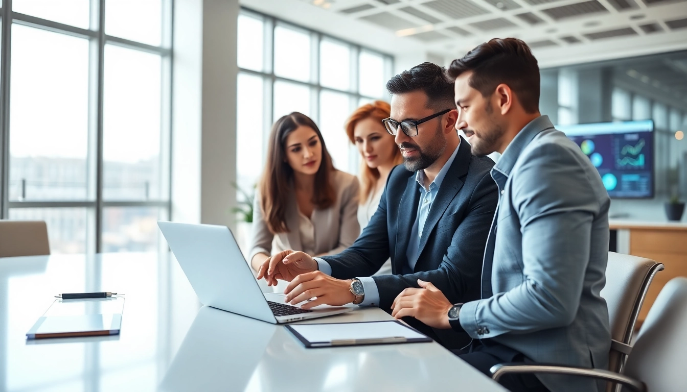 Purchasing consultant collaborating with a diverse team in a bright office environment.