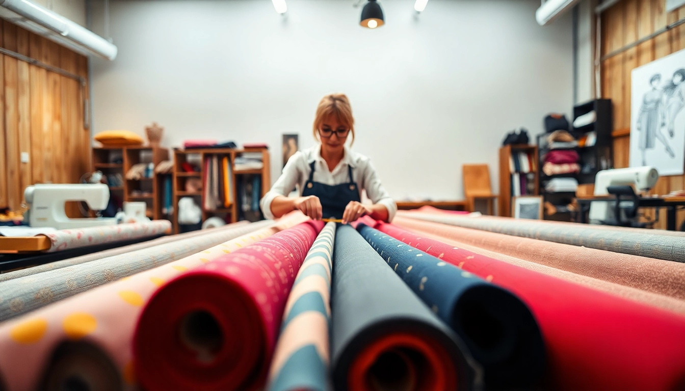Punta di Roma stof creatief bewerkt door een modeontwerper in een stijlvolle werkplaats.