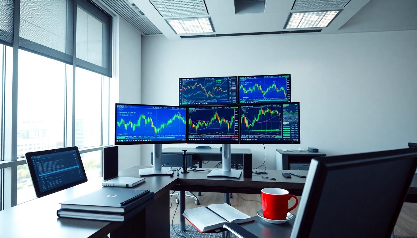 Engaging Forex trading environment showcasing advanced technology and dynamic currency charts.