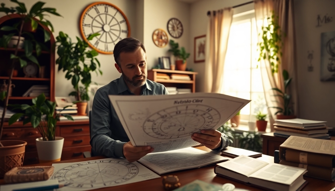 Interpretation von Geburtshoroskop durch Astrologen in gemütlichem Büro, umgeben von astrologischen Symbolen.
