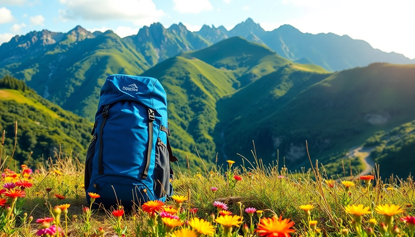 Rucksack günstig kaufen in einer beeindruckenden natürlichen Umgebung mit Blumen und Bergen.