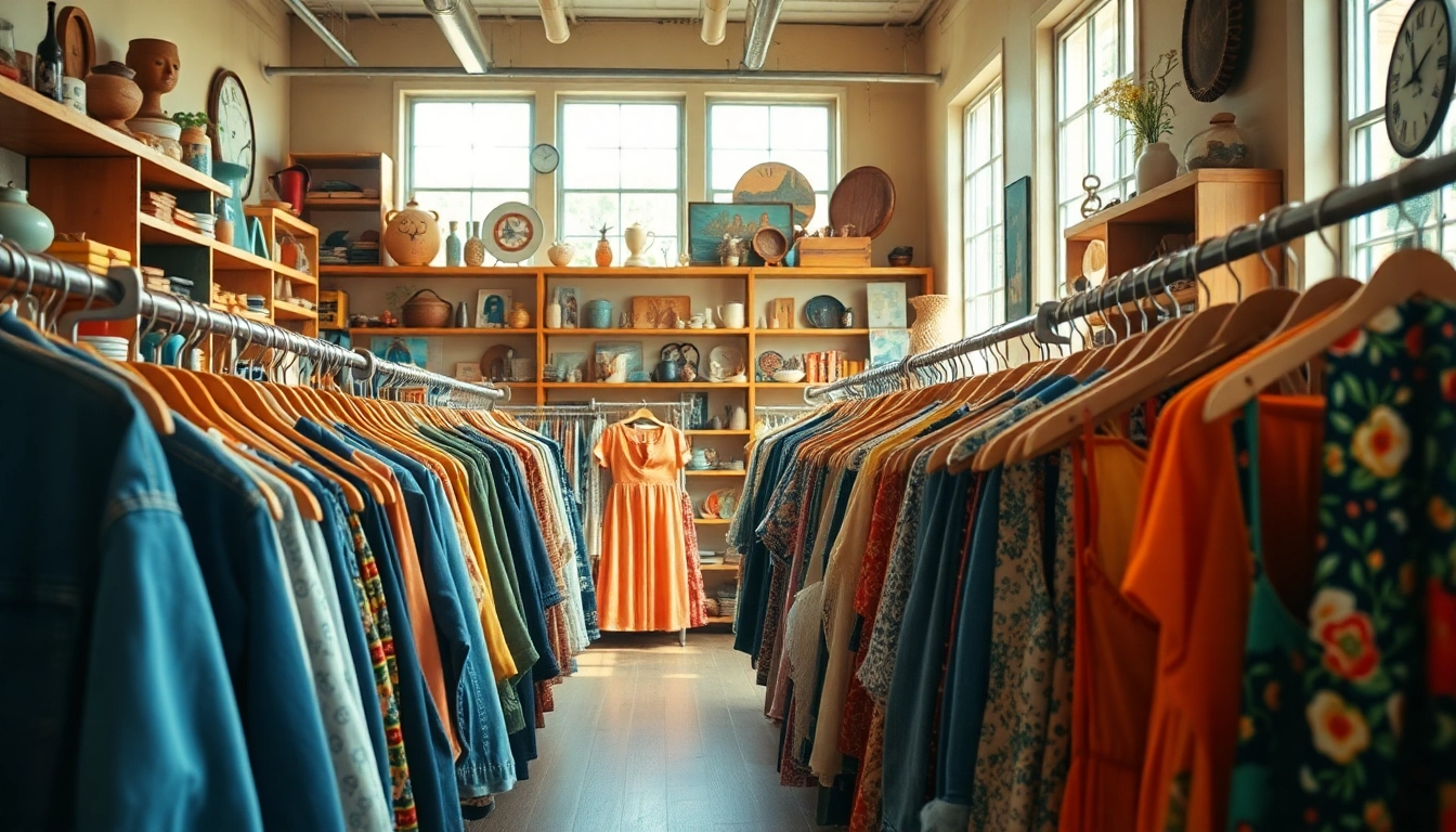 Shop for unique finds at a thrift store with diverse clothing and vintage items displayed.