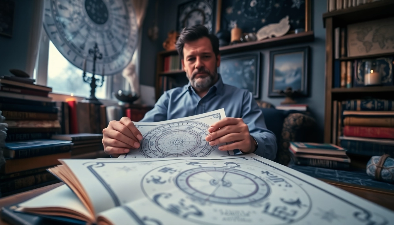 Astrologer studying a Geburtshoroskop chart in a warm, inviting setting with celestial decor.