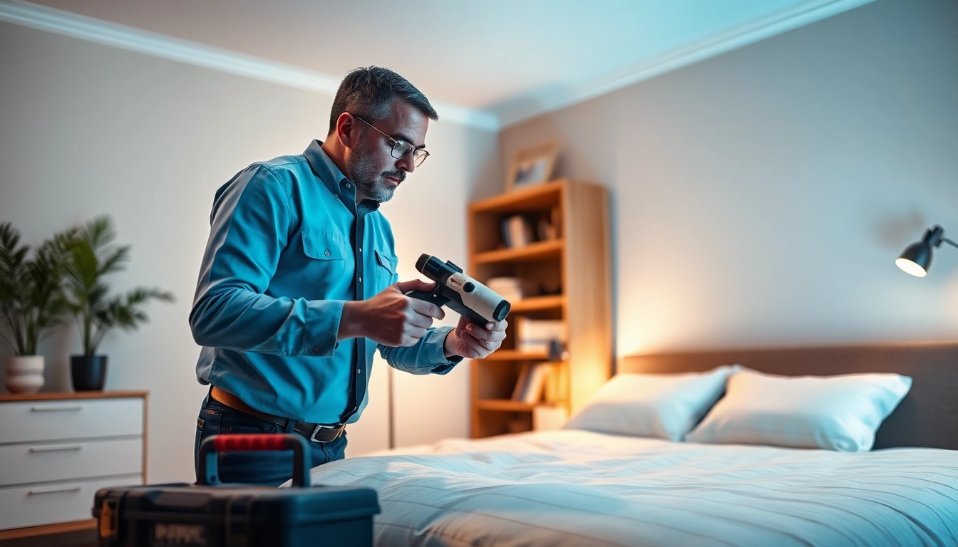 Effective bed bug exterminator inspecting a bed in a cozy home.