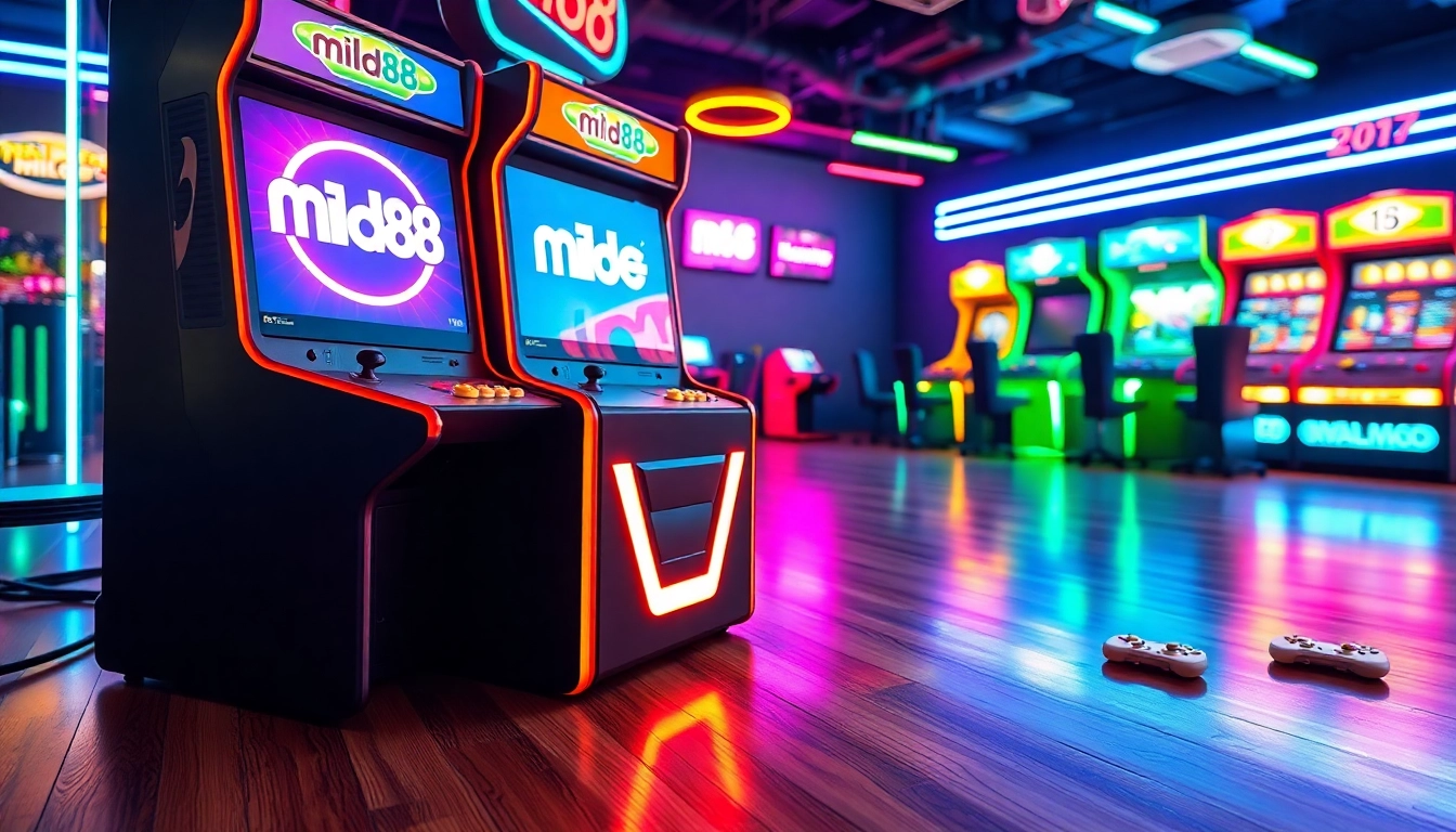 Pengalaman bermain di mesin arcade yang menampilkan logo mild88 dengan warna-warni cerah dan suasana enerjik.
