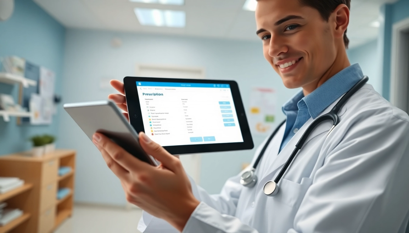 Streamlined cloud based eprescribing process showcased by a healthcare provider using a tablet in a modern clinic.