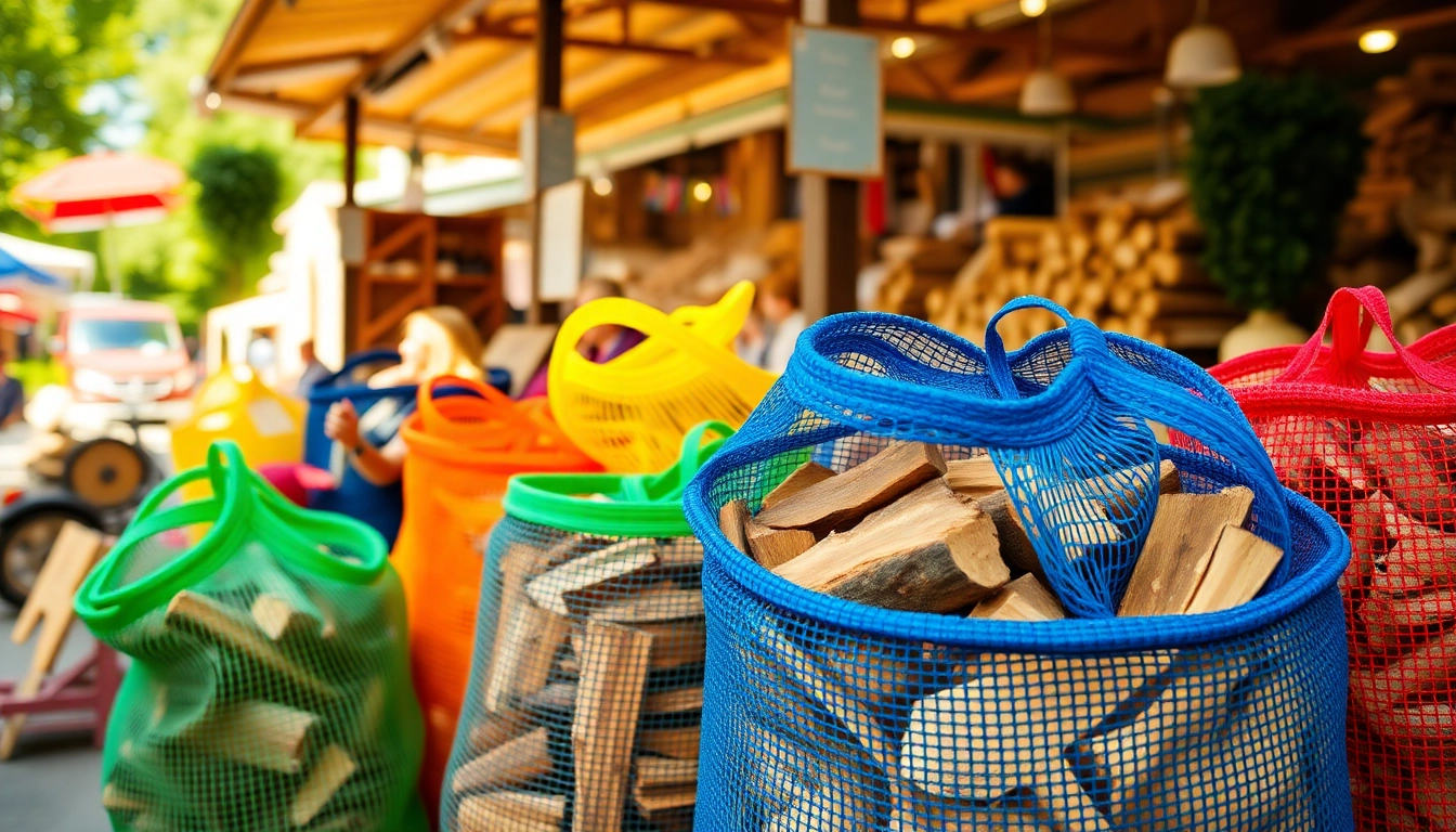 Showcase firewood mesh bags Europe filled with firewood in a vibrant market