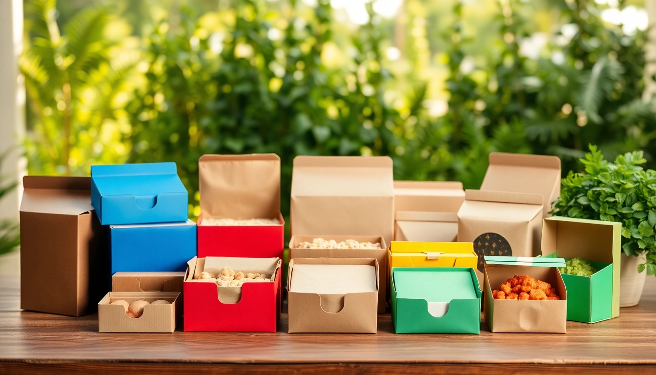 Showcasing diverse Food packaging boxes in various colors and sizes on a wooden surface.