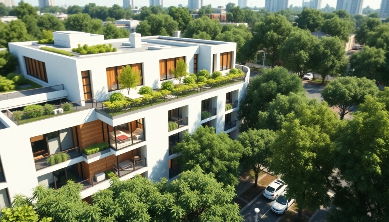 visualisierung architektur eines modernen Wohngebäudes umgeben von üppiger Landschaft und urbanem Flair