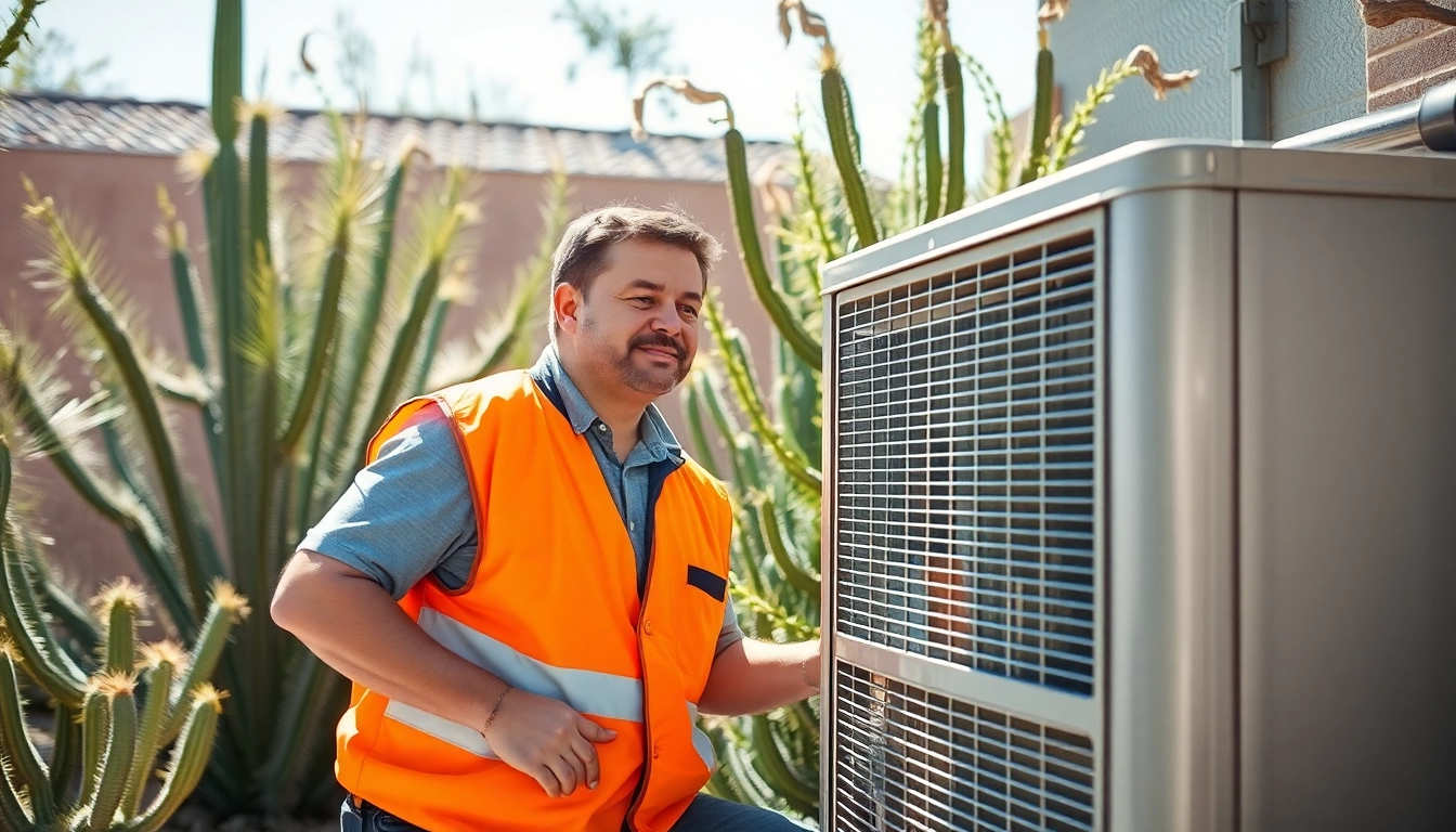 Technician performing ac repair mesa az service in a residential backyard with clear sunlight.
