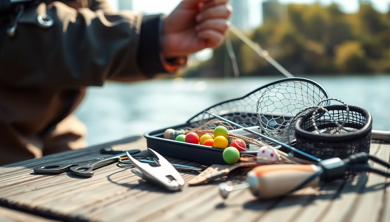 Showcasing essential Fly fishing accessories arranged on a fishing tackle box by a serene river.