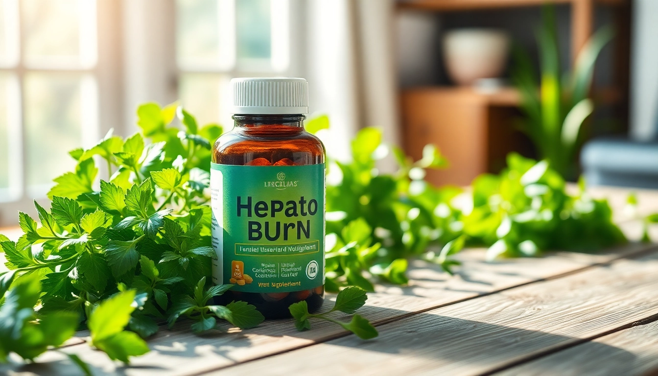 Review of hepato burn supplement showcasing the product among fresh herbs and bright lighting.