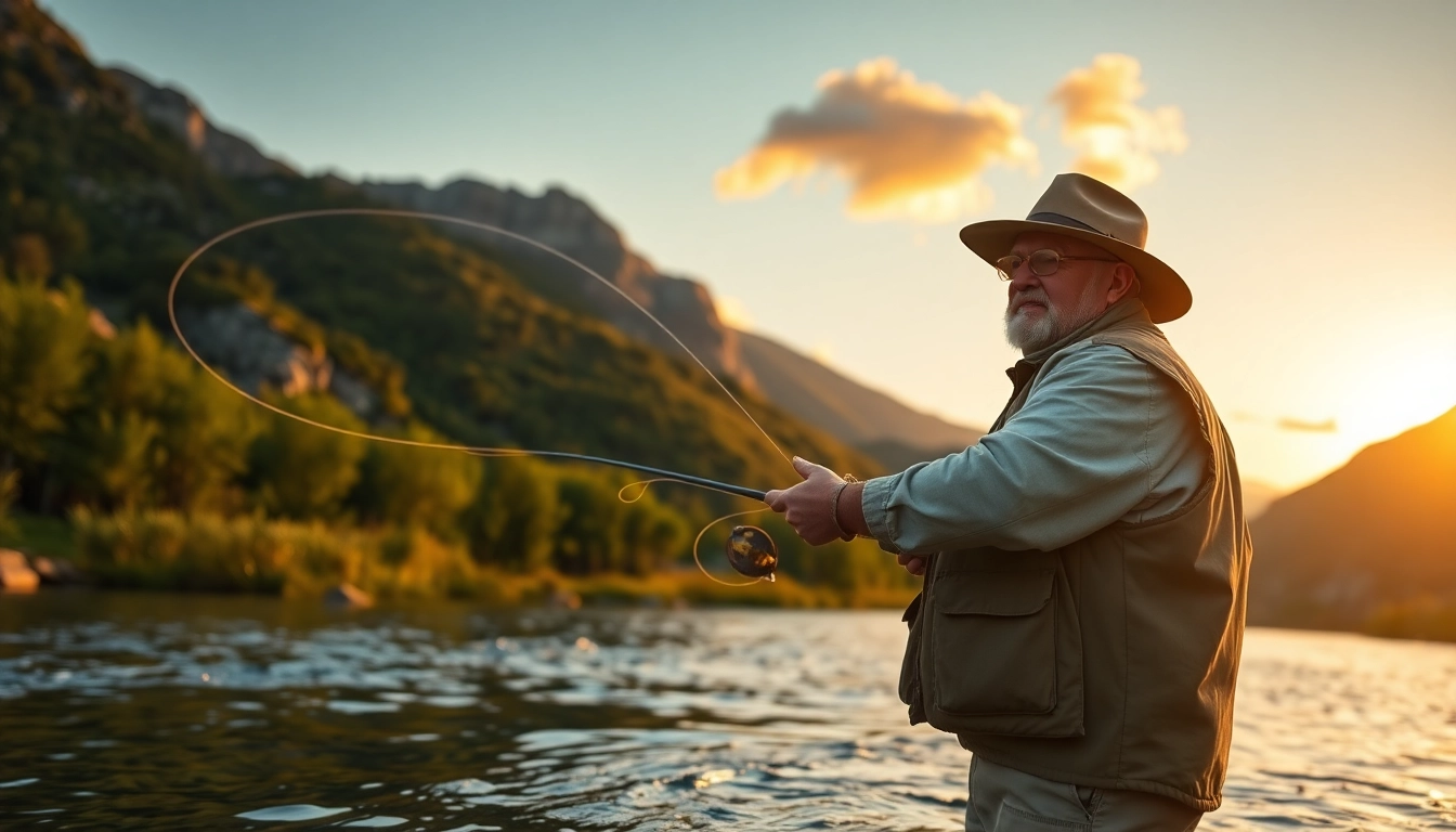 Angler casting a Fly fishing line in a serene river surrounded by nature at sunset.
