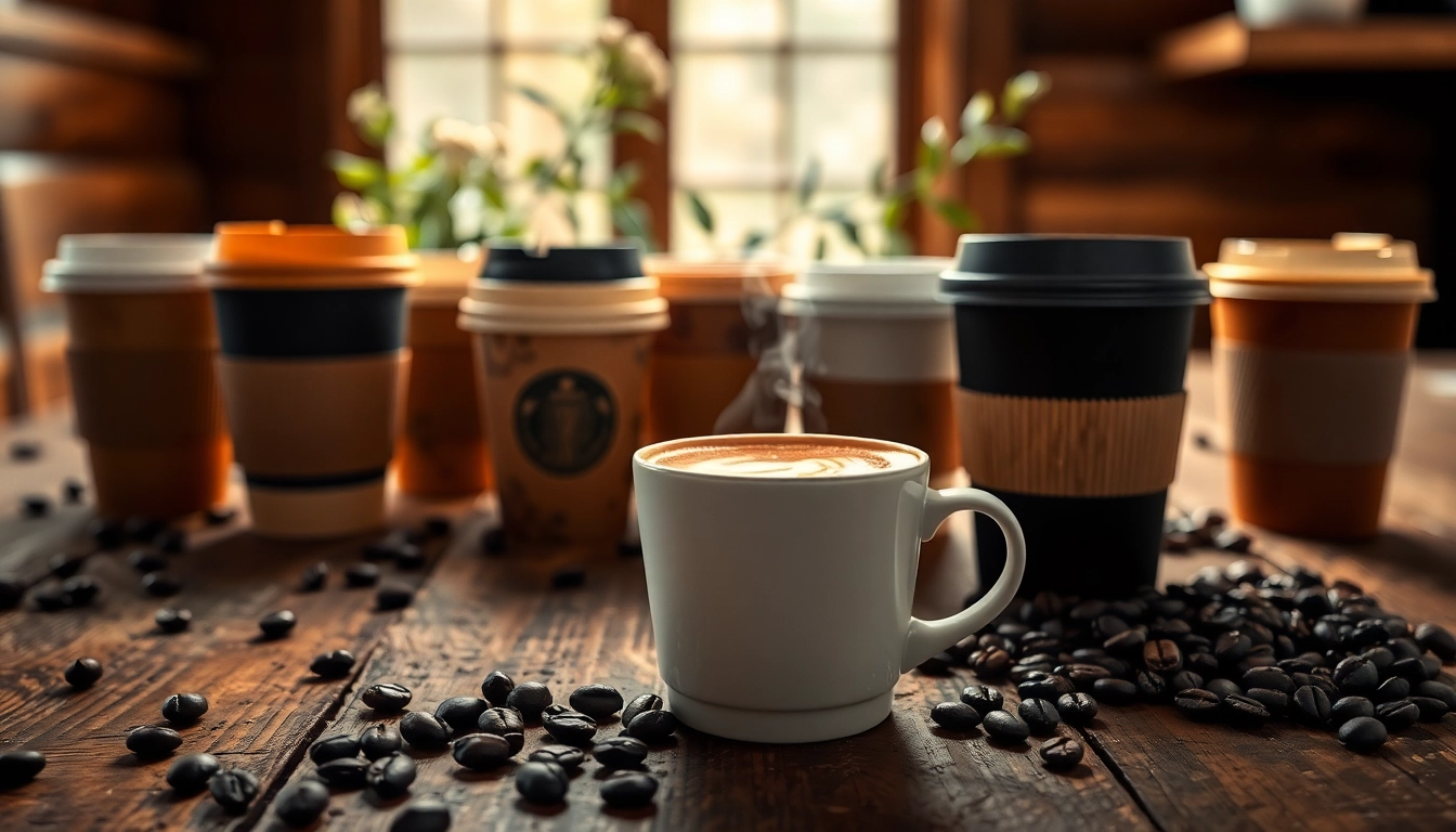 Showcase of stylish Paper coffee cups with latte art and natural elements on a rustic table.