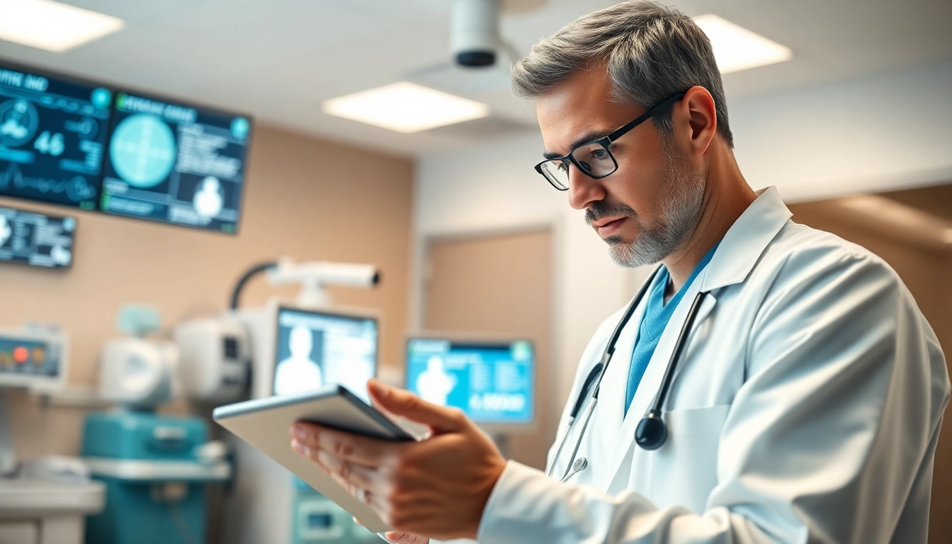 Using eprescribing software on a tablet in a modern medical setting, showcasing technology in healthcare.